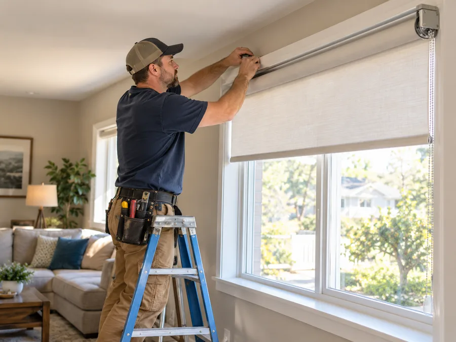 Worker installing blinds