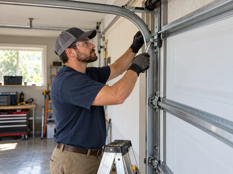 Technician repairing a garage door