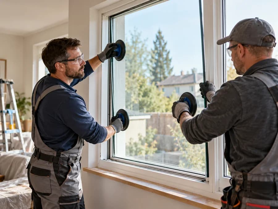 Glaziers fitting a window pane using suction handles