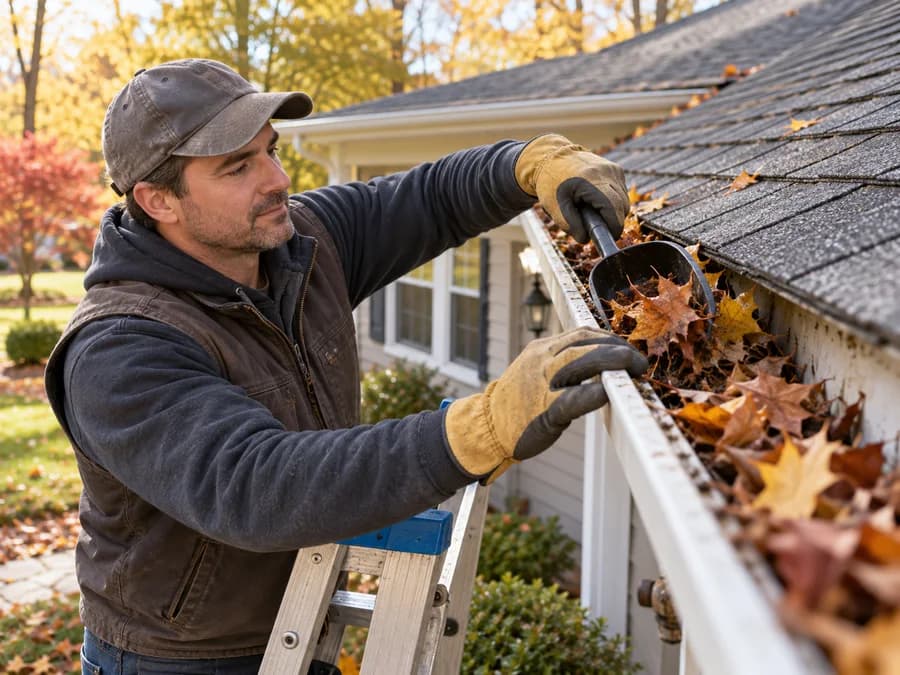 A worker removing leaves from a rain gutter