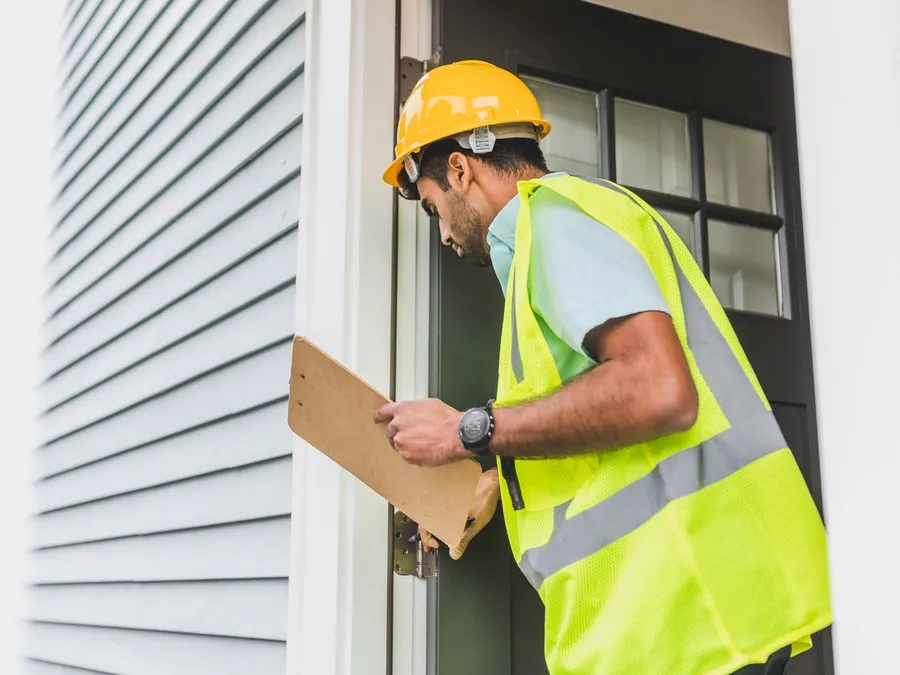 Man in Yellow Safety Reflective Vest with Hard Hat Doing House Inspection