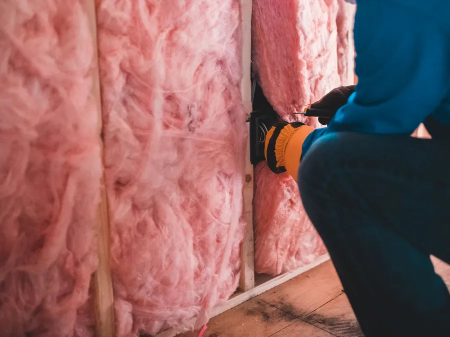 Unrecognizable worker insulating with stone wool