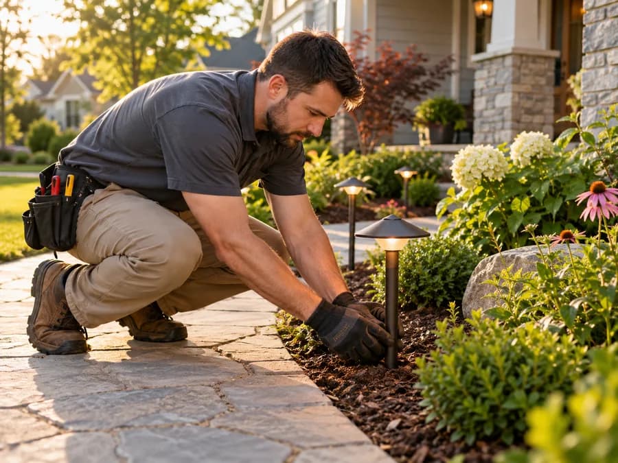 Electrician installing landscape lights
