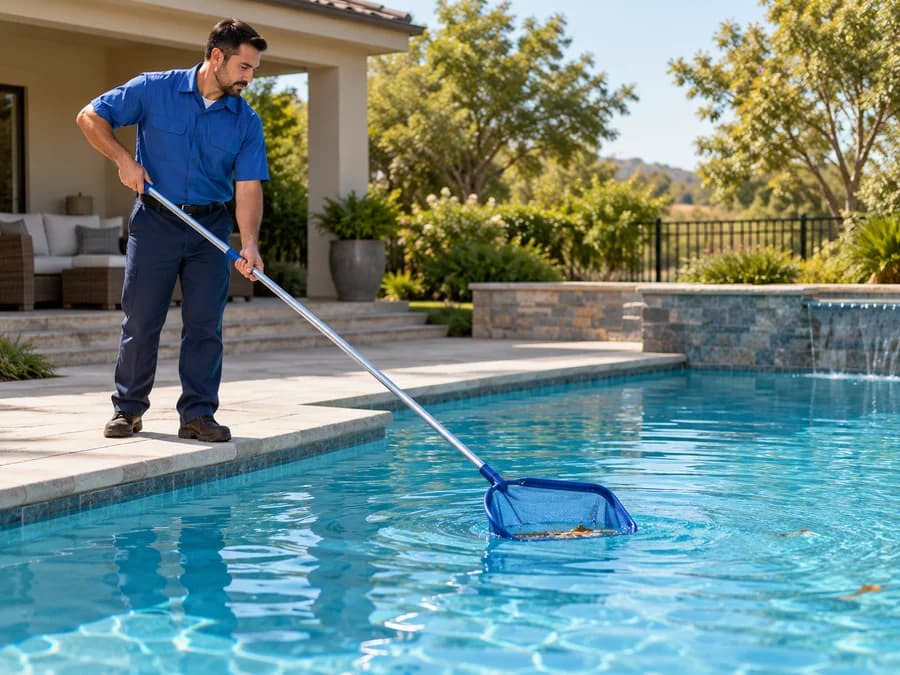 A pool technician cleaning a swimming pool with a skimmer