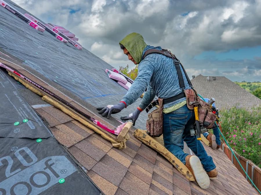 Roofer Installing Shingles on a Sunny Day