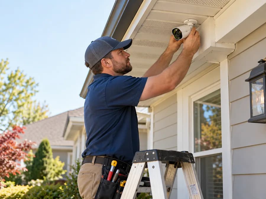 Installer mounting security camera